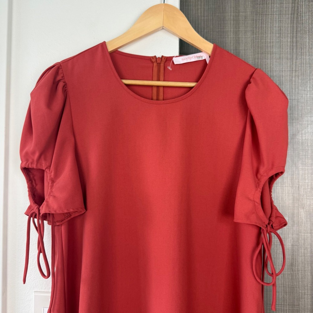 NEW See By Chloe Peppery Red Ruched Crepe Mini Dress Shift Size 44 - Picture 4 of 12